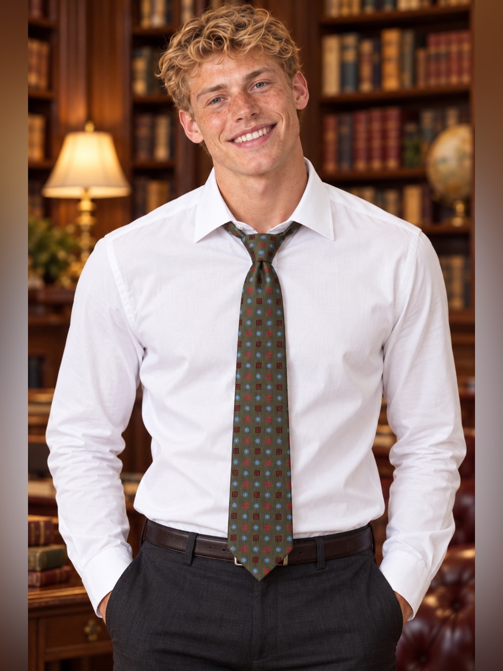 E. Marinella Tie with Olive Field with Crimson, Blue, and Maroon Geometric Motif